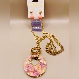 Isaac Mizrahi purple and peach lucite circle pendant on a long chain and earring
